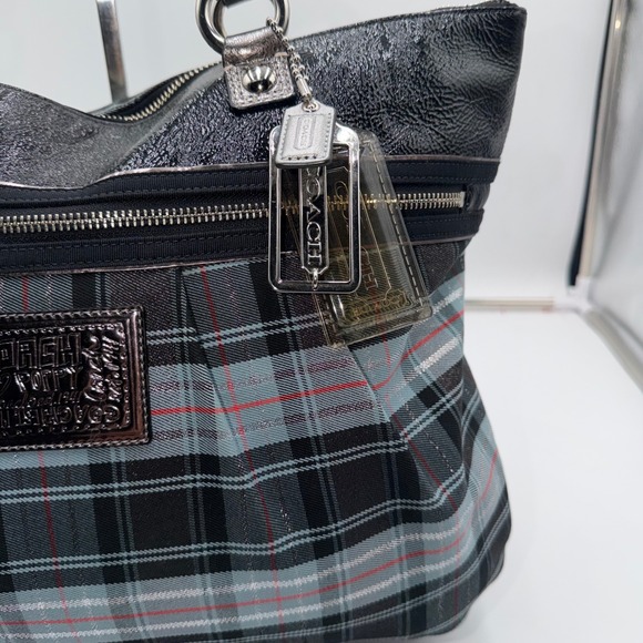 Coach Poppy Tartan Plaid Tote Bag Grey Black Patent Leather Shoulder Bag - Picture 7 of 16